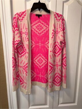 Bright Pink Aztec Open-Front Women's Cardigan Sweater